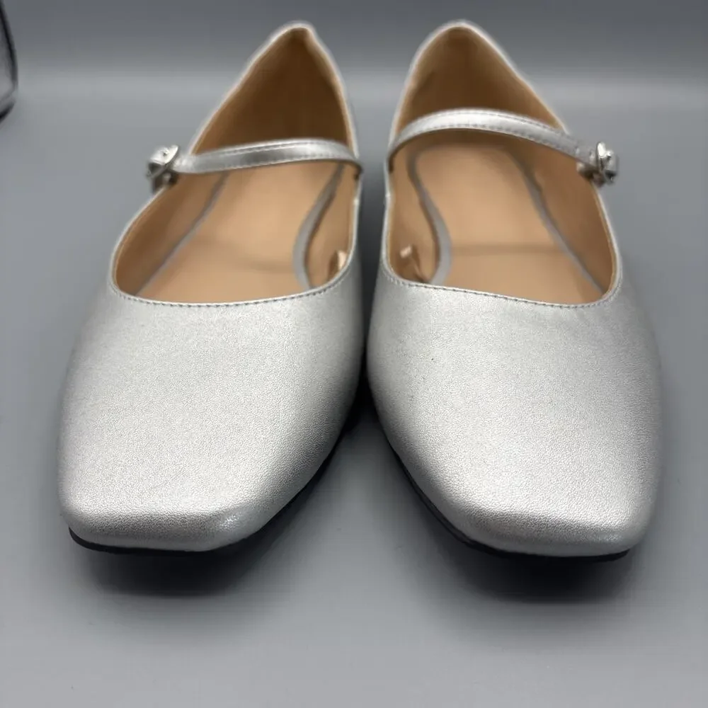 LOFT Ballet Flats Size 9 Silver Mary Jane Shoes Square Toe Wedding Glam Fairy